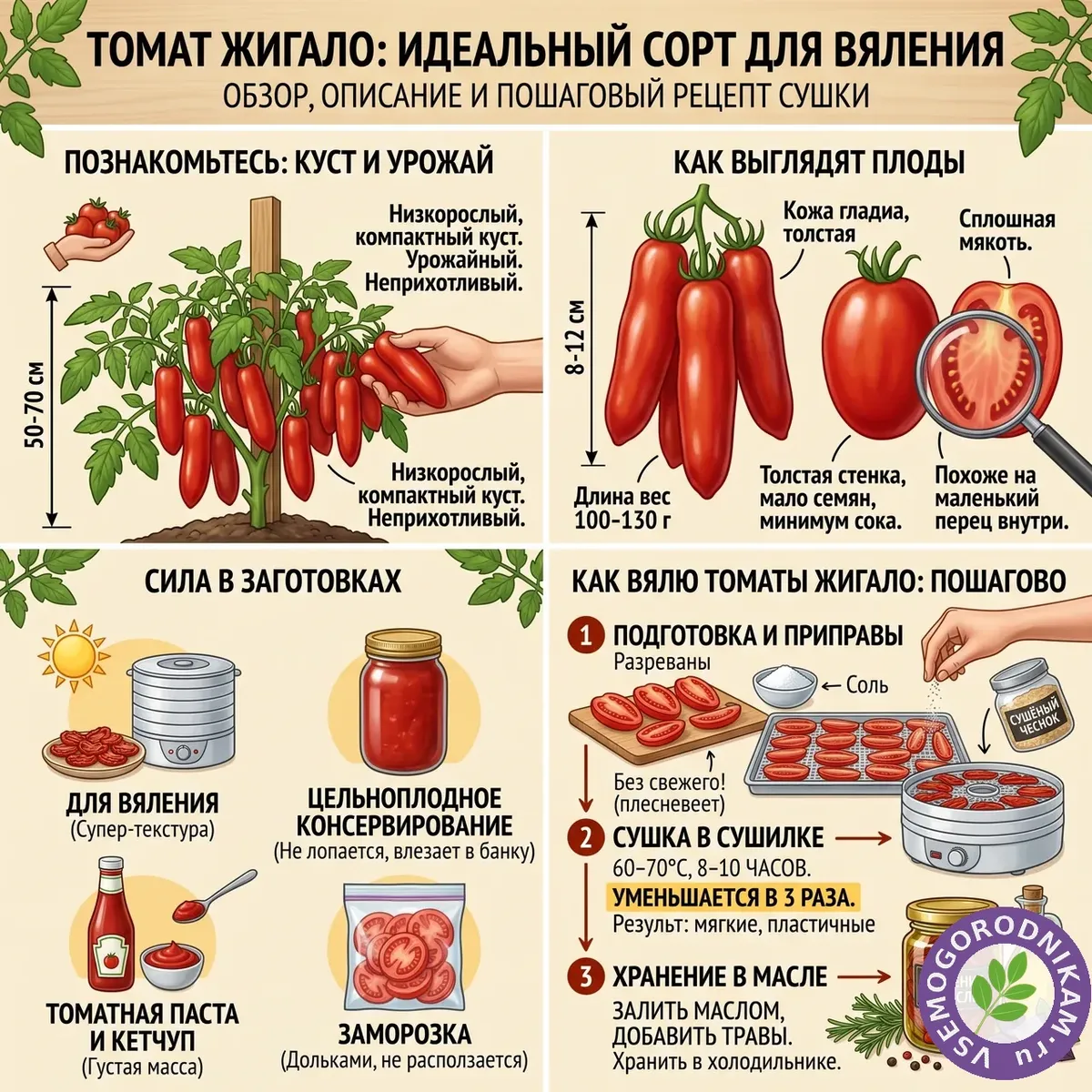 Томат Жигало: низкорослый, плотный, идеальный для вяления