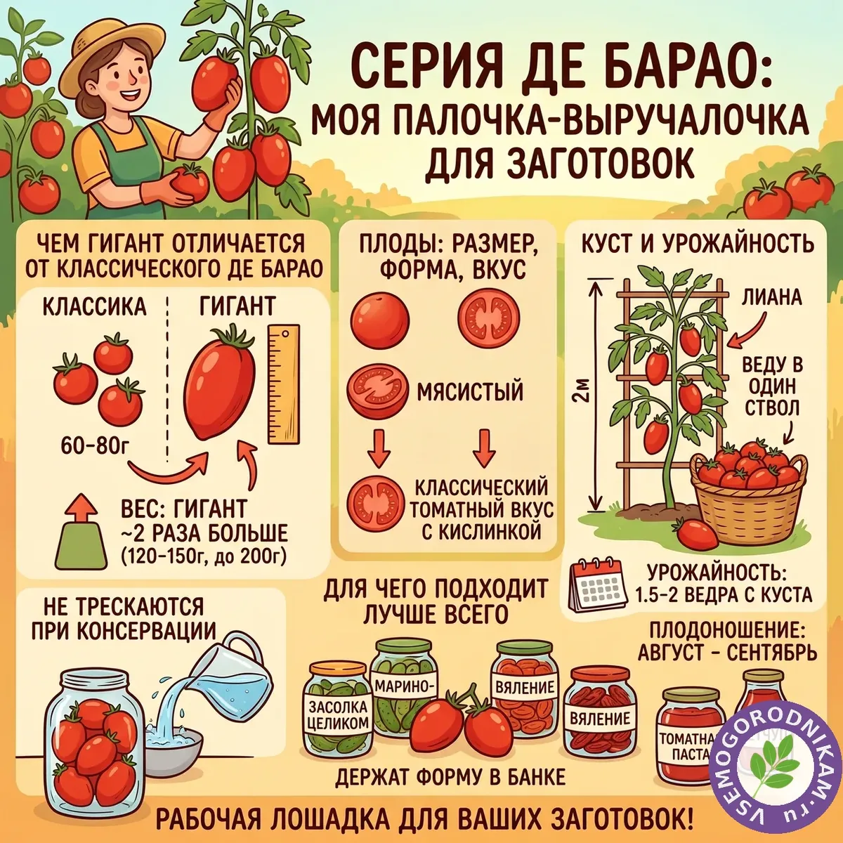 Томат Де Барао Гигант: урожайная лиана с крупными сливками для засолки