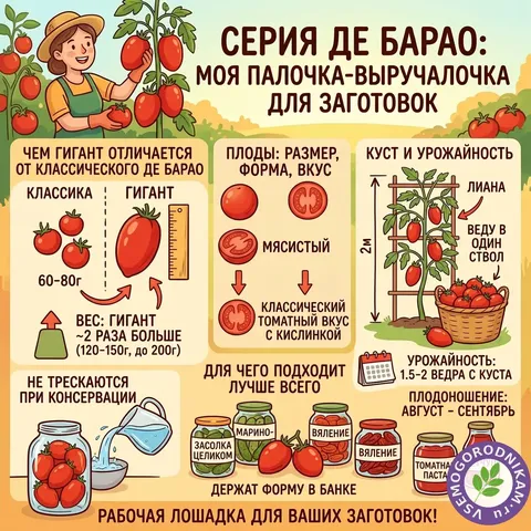 Томат Де Барао Гигант: урожайная лиана с крупными сливками для засолки